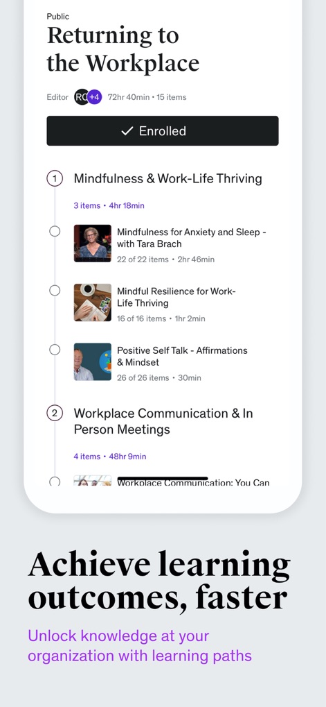 Udemy Business - ユーザーは「Returning to the Workplace」のような構造化された学習パスを通して体系的にスキルを習得でき、各モジュールに表示されるアイテム数と所要時間によって進捗を管理できます。