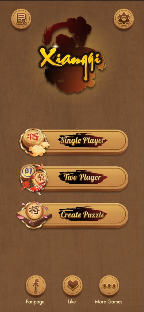 Xiangqi - Play and Learn - Explore the app's clean and engaging interface, featuring prominent buttons for 'Single Player', 'Two Player', and 'Create Puzzle' modes.