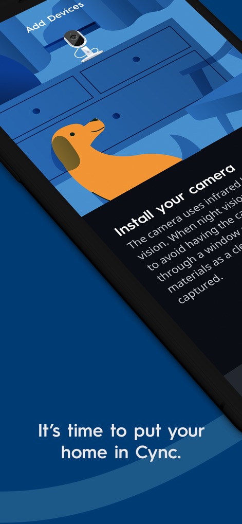 Cync (the new name of C by GE) - この画面は、カメラのインストールに関するガイドラインを表示し、新しいスマートデバイスをアプリに簡単に追加できるフローをユーザーに提供します。