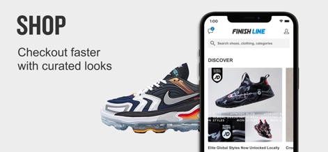 Finish Line – Shop Exclusive - Explorez l'interface de découverte qui met en avant des looks sélectionnés et un accès rapide aux marques mondiales, optimisant l'expérience d'achat.