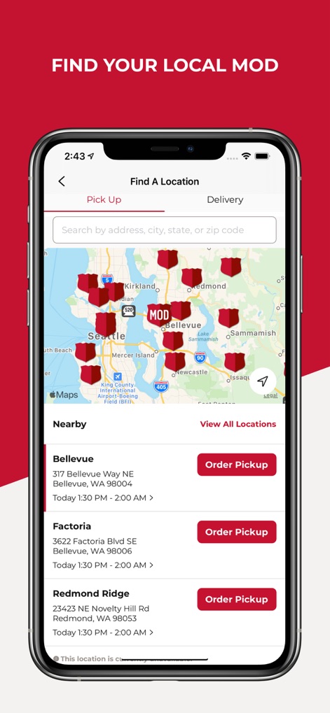 MOD Pizza - This tool provides efficient location discovery with its detailed map display and convenient "Pick Up" and "Delivery" options for service selection.