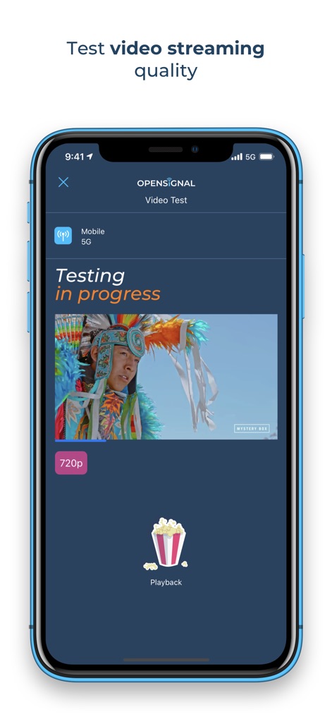 Opensignal Speed Test Ad Free - Dieser Bildschirm zeigt den laufenden Video-Streaming-Test, wobei die Auflösung von 720p und der Playback-Status visuell hervorgehoben werden, um die Streaming-Qualität zu bewerten.