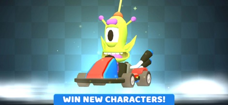 SmashKarts.io - Discover the variety of unique, unlockable characters, such as the alien pilot, prominently displayed with its customizable kart chassis.