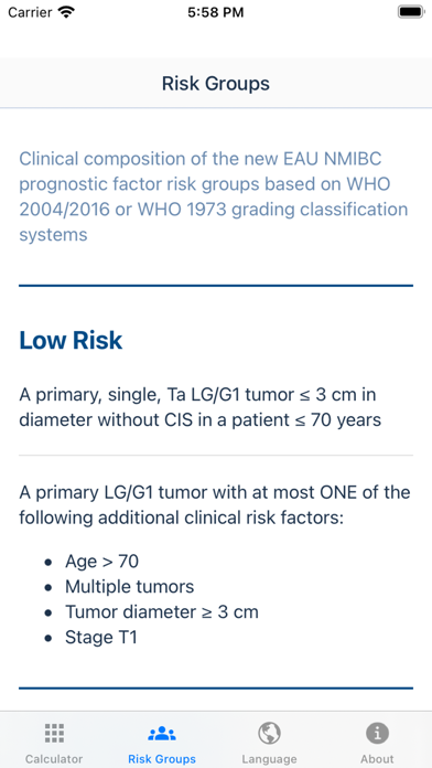 EAU NMIBC Risk Calculator Screenshot