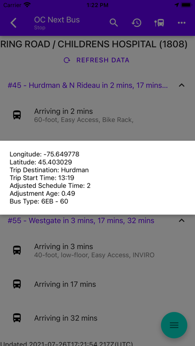 Ottawa OCTranspo Next Bus Screenshot