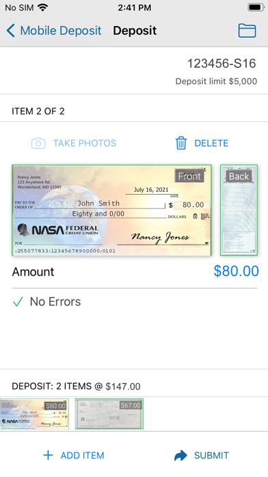 NASA FCU Mobile Remote Deposit Screenshot