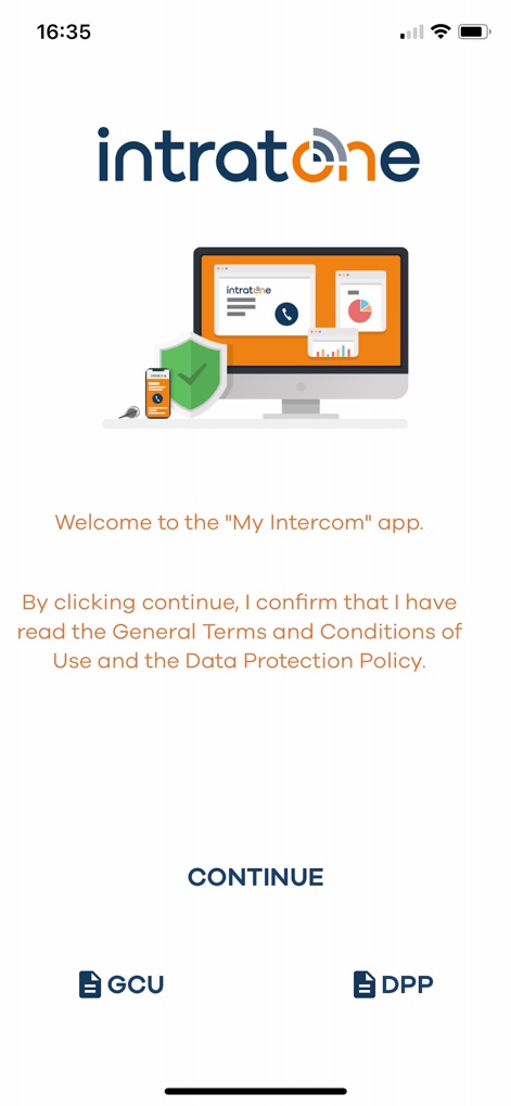 My Intratone - This initial screen clearly presents the app's welcome message and provides easy access to essential legal documents like the General Terms and Conditions of Use.