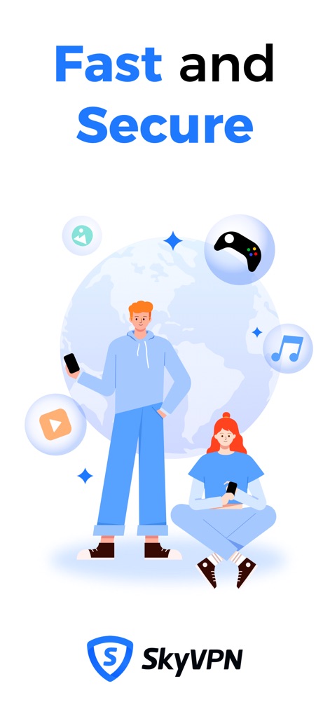 SkyVPN - Unlimited VPN Proxy - Die App visualisiert ihre schnelle und sichere Verbindung durch die Darstellung von Nutzern, die vor einem Globus stehen, umgeben von diversen Medien-Symbolen wie dem YouTube-Logo und einem Gamecontroller.