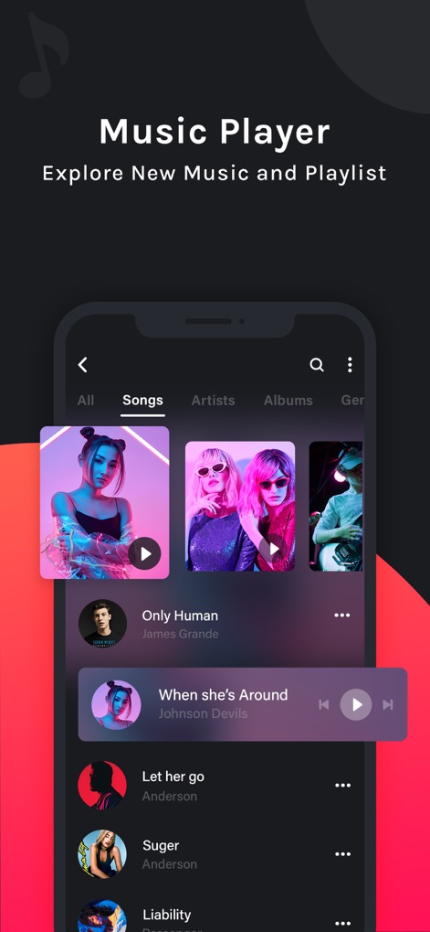 PLAYit - Music video palyer - Die Ansicht zeigt eine Songliste, bei der die aktuelle Wiedergabe in einer auffälligen Karte hervorgehoben wird und Tabs für verschiedene Kategorien wie 'All' und 'Songs' verfügbar sind.