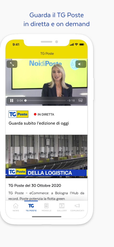 TG Poste - Stream live broadcasts and on-demand video content, with a clear 'IN DIRETTA' indicator and easy access to themed segments like 'TG POSTE DELLA LOGISTICA'.