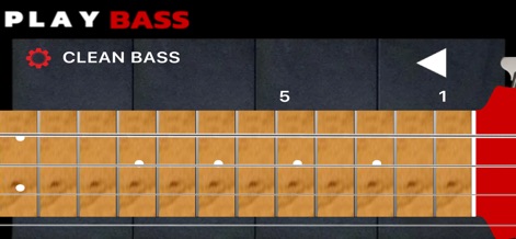 Play Bass: Real Bass Simulator - O aplicativo exibe o modo 'CLEAN BASS' com um braço de baixo de cor clara e pontos brancos nos trastes, fornecendo uma representação visual clara para os músicos.