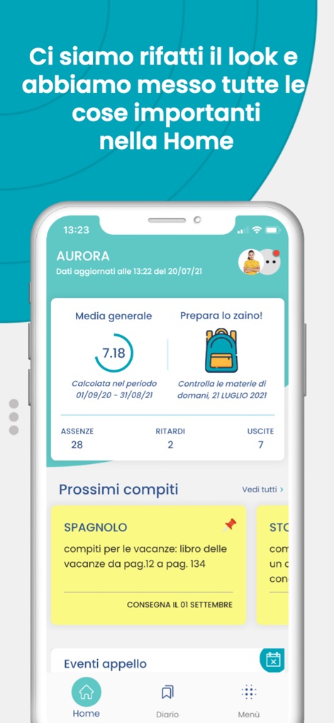 didUP - Famiglia - The app provides a comprehensive overview of a child's academic status, highlighting the overall average grade and upcoming assignments with due dates.