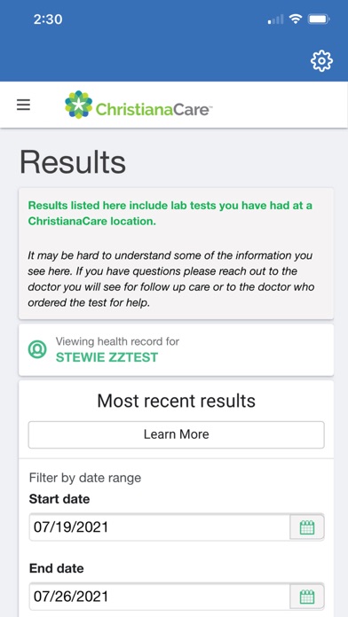 Christiana Care Patient Portal Screenshot