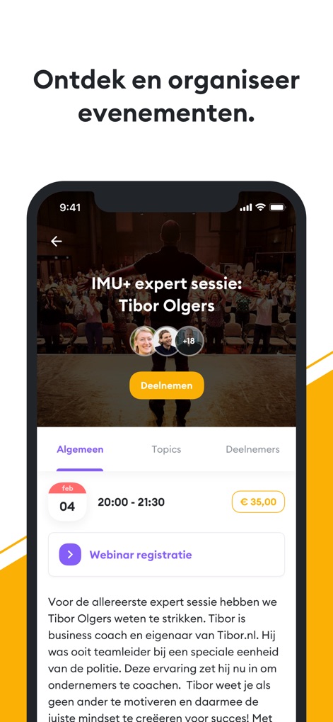Huddle community & e-learning - Huddle facilita la gestión de eventos, permitiendo visualizar detalles de sesiones expertas como la de "IMU+ expert sessie: Tibor Olgers" y la opción de "Deelnemen" para unirse.