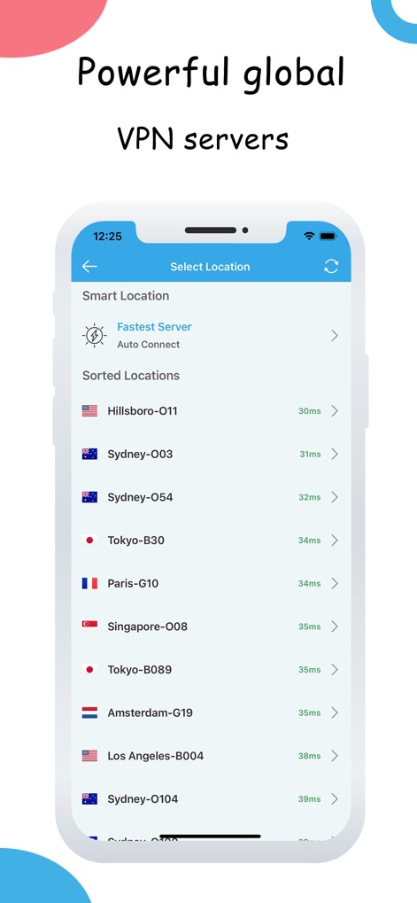 RayVPN: Secure Unlimited Proxy - The app provides access to an extensive list of global server locations, empowering users to choose their preferred connection based on displayed latency metrics for each server.