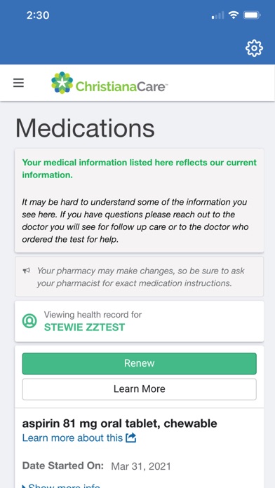 Christiana Care Patient Portal Screenshot