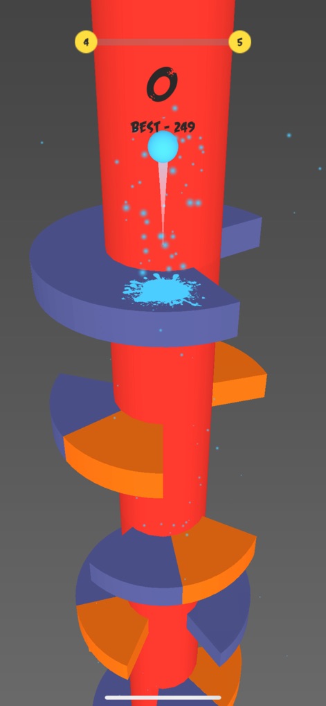 Helix Jump Ball - Jump Ball 3D - Uma bola azul-clara desce por um cenário vibrante com plataformas em tons de azul e laranja, destacando a variedade visual e a profundidade do jogo.