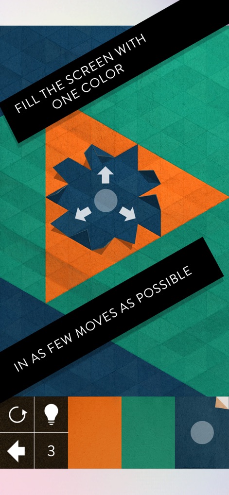 KAMI 2 - This screenshot highlights the core gameplay loop by showing the objective to fill the screen with one color and the interactive arrows for manipulating puzzle pieces.