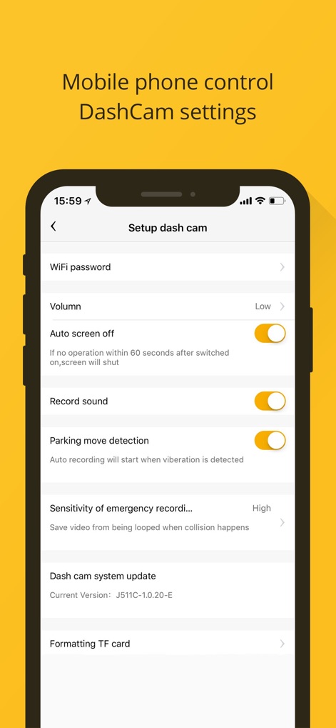 360 Dash Cam - This screen provides granular control over dash cam functionalities, including options for "Parking move detection" and adjusting "Sensitivity of emergency recording."