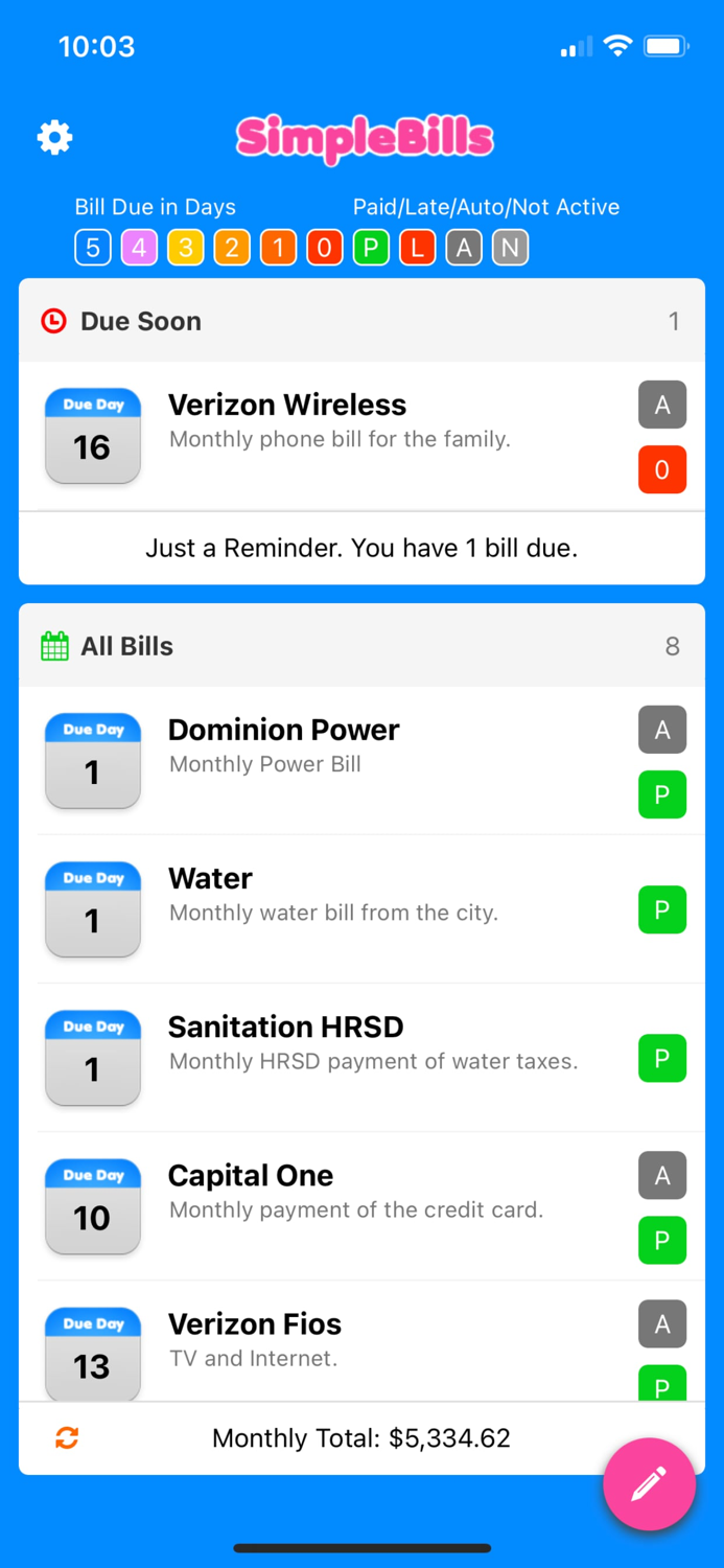 Simple Bill Reminders