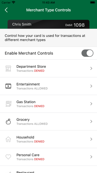 Nicolet Bank Card Control Screenshot