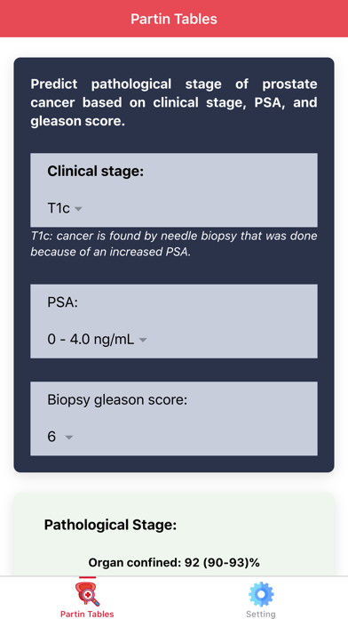 Urology Partin Tables Screenshot