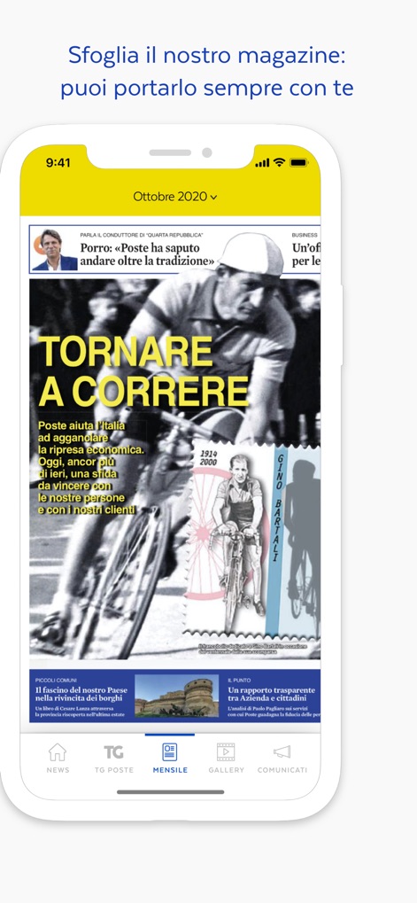 TG Poste - Browse digital magazine editions with visually engaging covers, such as the featured vintage cyclist theme, accessible directly through the 'MENSILE' tab.