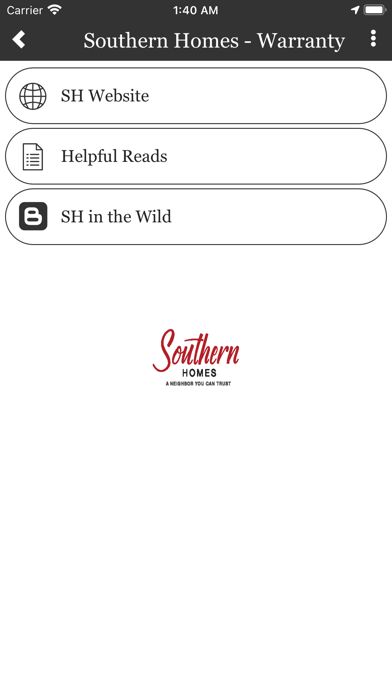 Southern Homes - Warranty Screenshot