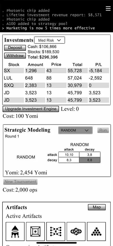 주식 투자와 Strategic Modeling의 토너먼트, Yomi, Artifact가 겹치는 App Store 공식 중반 전략 화면
