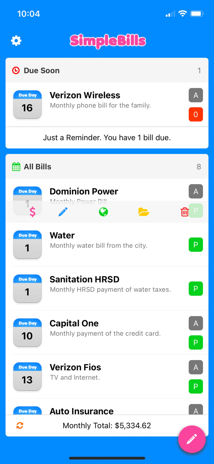Simple Bill Reminders