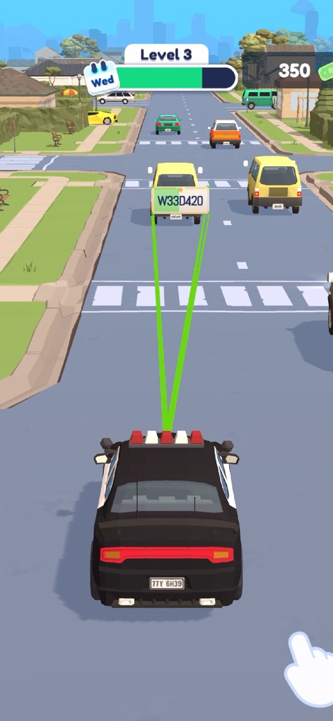 Traffic Cop 3D - The app highlights its core gameplay, showing the police car actively scanning a license plate with green laser beams to identify potential criminals.
