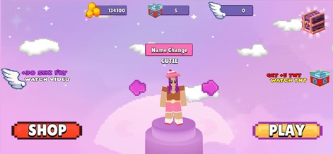Kawaii Planet Craft - ユーザーは、愛らしいキャラクターの外観をカスタマイズできるインターフェースと、ゲームの世界へと誘う直感的な「SHOP」と「PLAY」のオプションを確認できます。