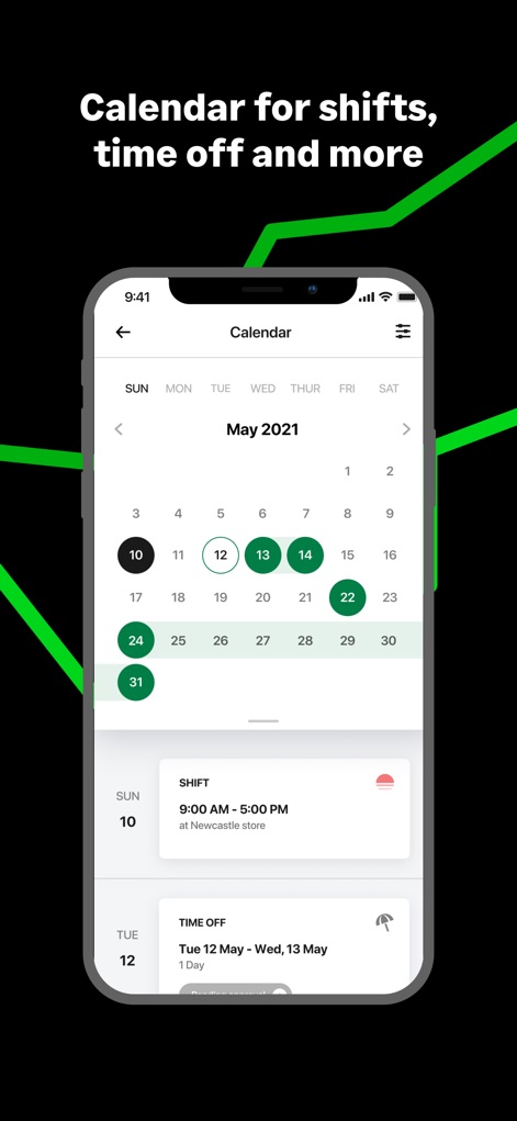 Sage HR (New) - This feature offers an integrated 'Calendar' that highlights important dates, providing a clear overview of both scheduled 'Shift' times and approved 'Time Off' entries.