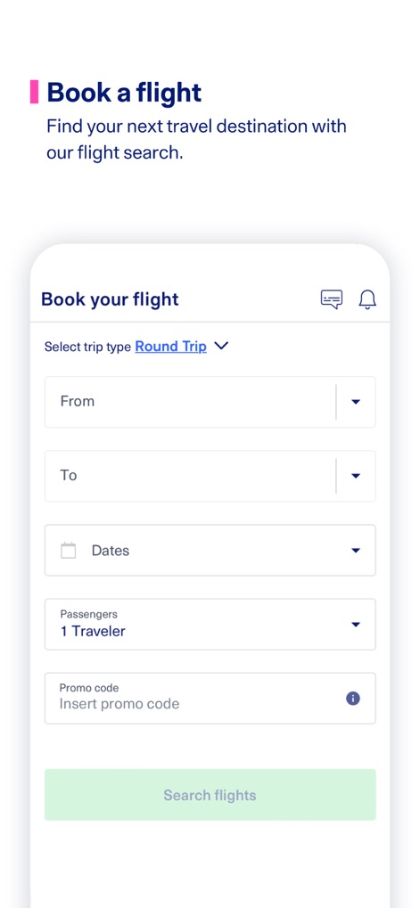 Icelandair - Users can effortlessly book flights through a clear interface, showcasing intuitive round trip selection and simplified date and passenger inputs.