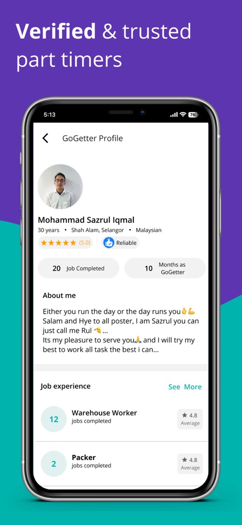 GoGet: Hire on demand - Das Profil eines GoGetters stellt detaillierte Informationen wie die Bewertung (5.0 Sterne) und eine Übersicht der bisherigen Job-Erfahrungen dar, um Vertrauen zu schaffen.