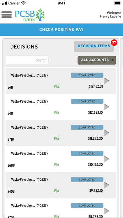 PCSB Bank Cash Management Screenshot