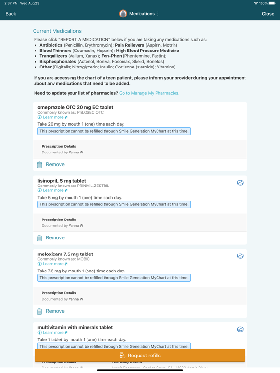 Smile Generation MyChart iPad screenshot 4 - Medical app