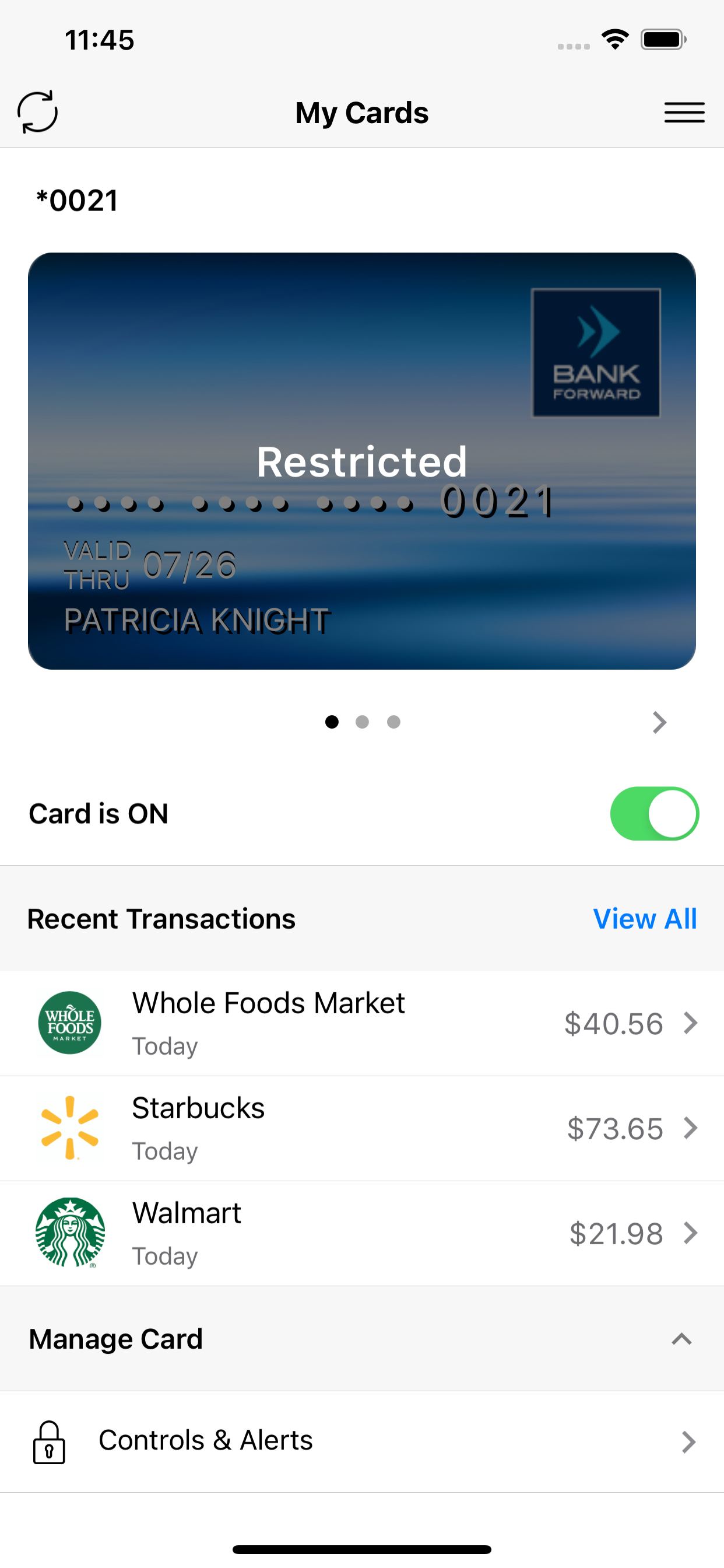 Bank Forward Card Control