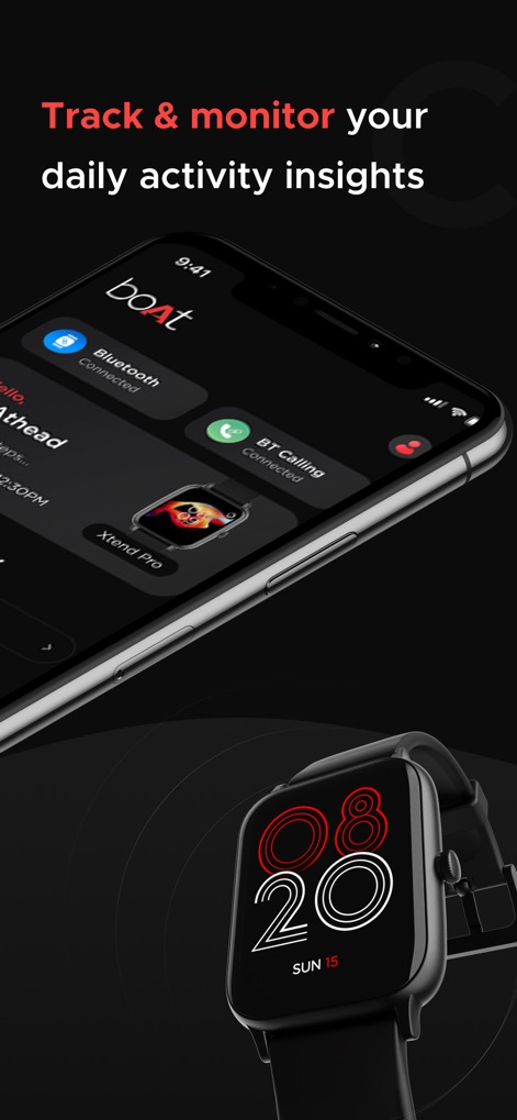 boAt Crest - Examine the app's connectivity status indicators for Bluetooth and BT Calling, alongside the recognized boAt smartwatch model.
