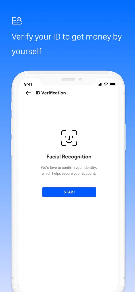 CashNow-Safe Loan App - This screen demonstrates the secure ID verification process, featuring a clear Facial Recognition prompt and a prominent Start button for user convenience.