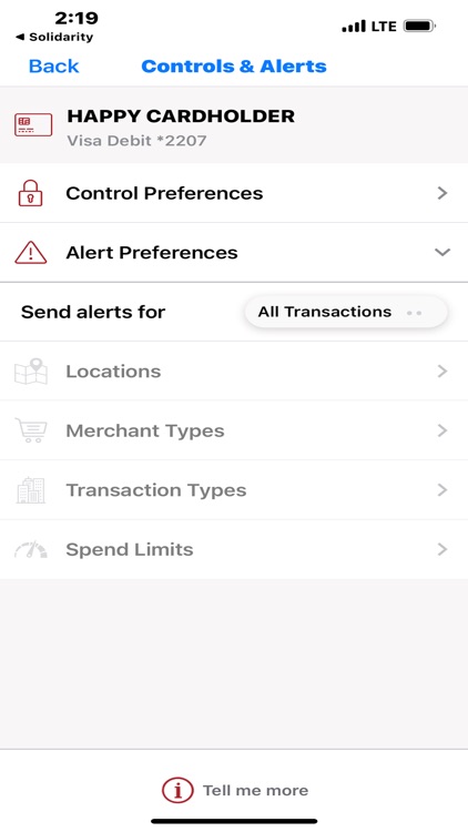 Solidarity FCU Card Controls