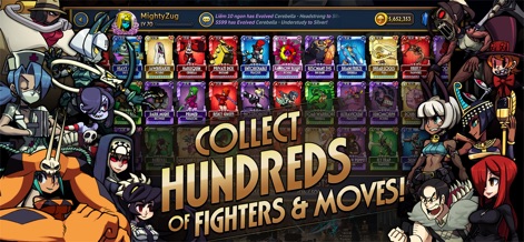 Skullgirls: Fighting RPG - Explore the app's extensive character collection grid, showcasing hundreds of unique fighters and their diverse visual representations.