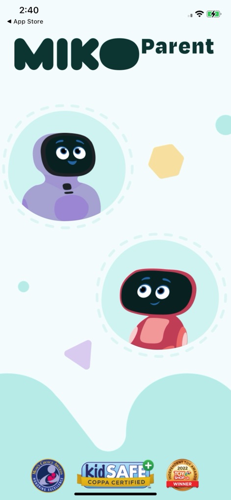 Miko - Play, Learn, & Connect - このアプリは、子供向けのロボット「Miko 3」と「Miko Mini」の親御様向けコンパニオンアプリであり、Mom's Choice AwardやkidSAFE COPPA CERTIFIEDといった認証バッジが信頼性を示しています。