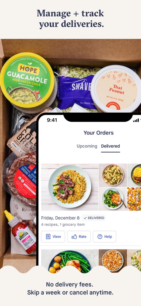 Hungryroot: Healthy Groceries - Review the comprehensive order management hub, where users can effortlessly track their upcoming deliveries and access detailed records of past orders, including meal photos and delivery status.