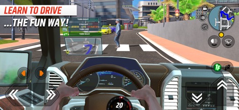 Car Driving School Simulator - O aplicativo oferece uma visão detalhada do interior do veículo, com um volante e um painel de controle visíveis, proporcionando uma experiência de condução imersiva.