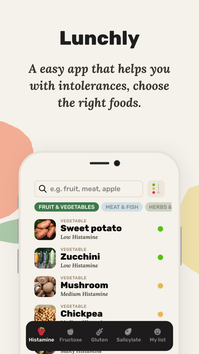 Lunchly: histamine, fructose.. Screenshot