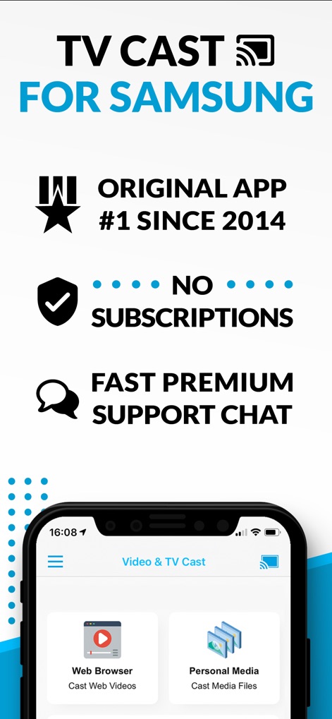 TV Cast for Samsung TV App - Discover the app's key advantages, including its subscription-free model and intuitive access to Web Browser and Personal Media casting options.