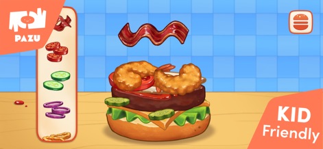 Burger Maker Kids Cooking Game - Diese Ansicht zeigt den intuitiven Burger-Zusammenbau, bei dem Nutzer frische Zutaten wie knackigen Salat und saftige Garnelen auf einer Brötchenbasis stapeln.
