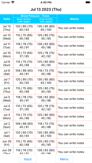 Blood Pressure Notebook Screenshot