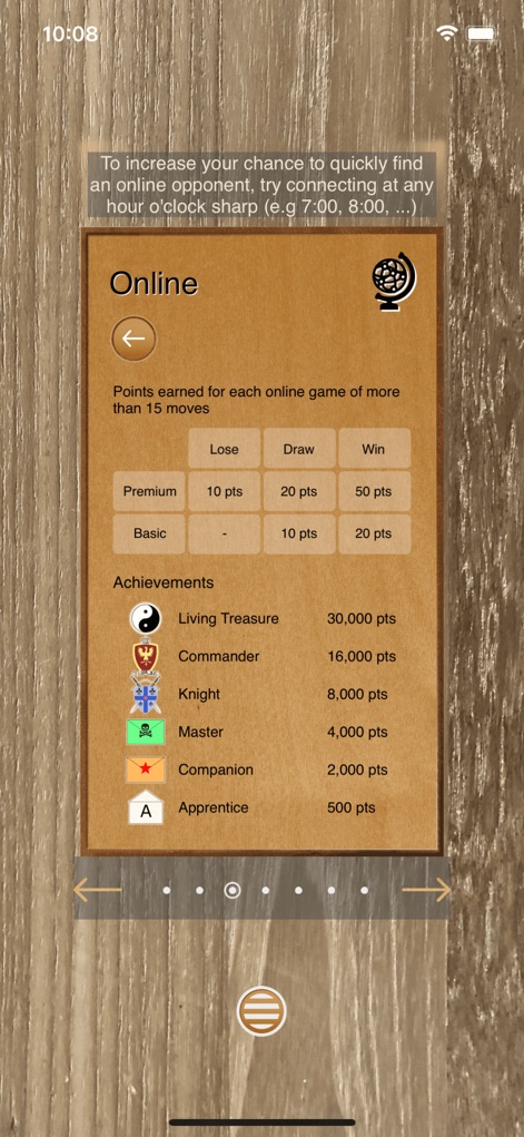 Checkers game - Engage in competitive online play, tracking progress through an 'Achievements' list with unique icons and earning 'Points' for wins, draws, and losses.